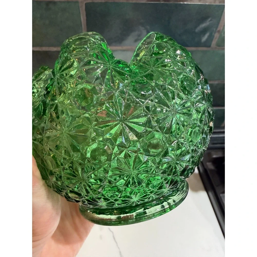 Green Daisy Button Glass Rose Bowl Vase with Ruffled/Crimped Rim Candle Holder